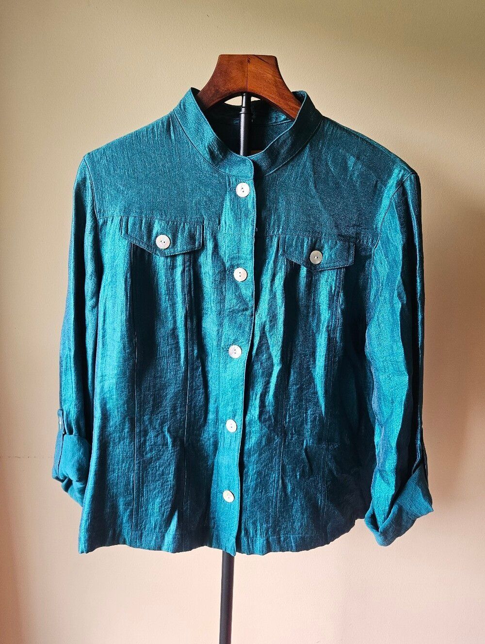 Ruby Rd. Teal Button Front Shirt with Mandarin Collar Size 12